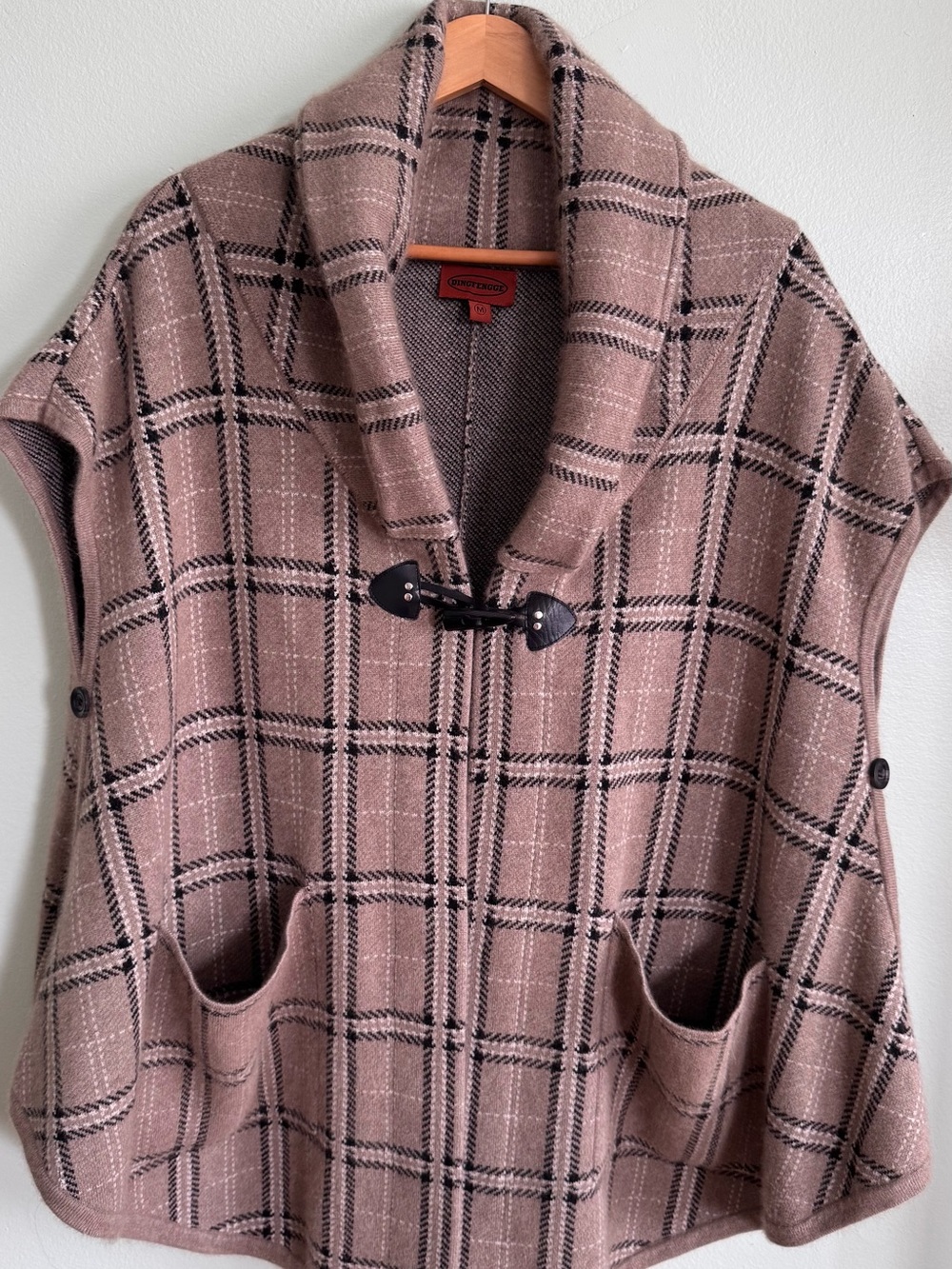 Plaid Shawl-Collar Cape Poncho in Dusty Rose